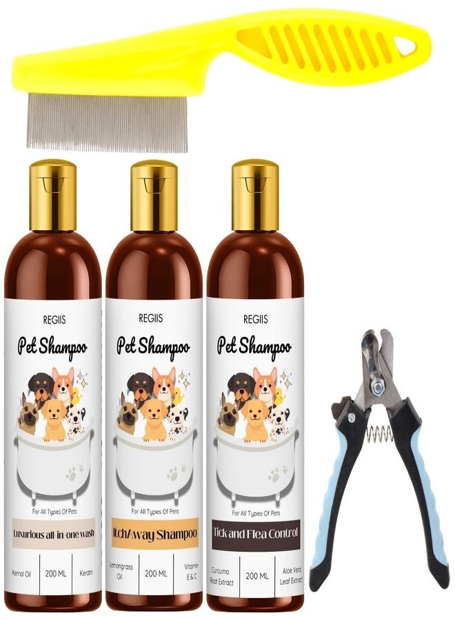 REGIIS Pet Grooming Kit, Dog Shampoo Set with Flea Control, Itch Away, All-in-One Wash, Metal Comb, Nail Clipper, 200ml Bottles, 5 Pieces - Image 1